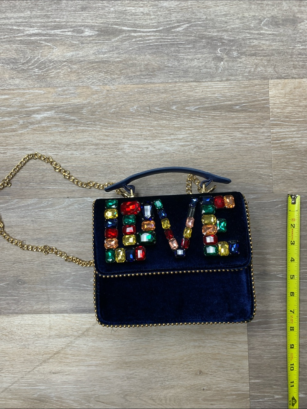 Embellished LOVE Navy Velvet Crossbody Bag with Multicolor Gems